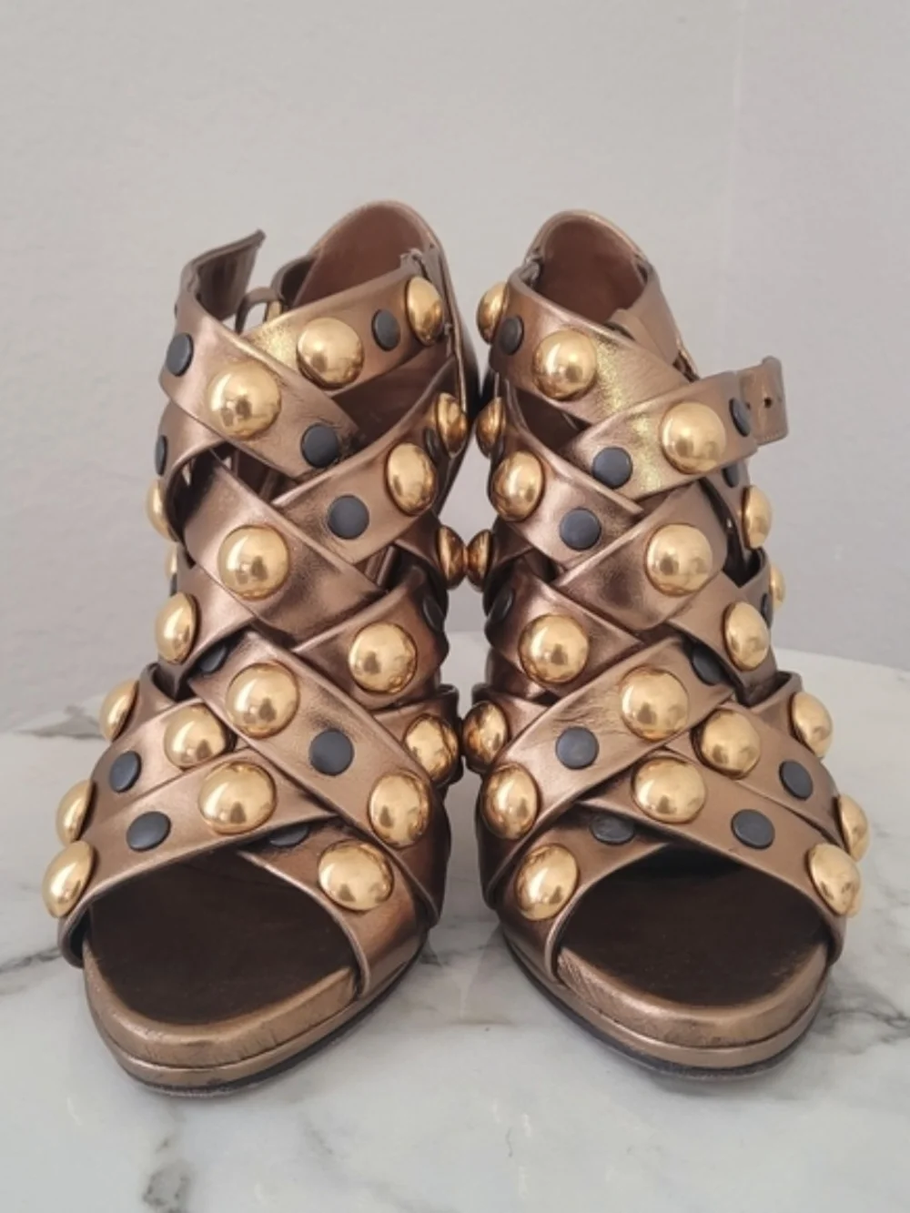 GUCCI Womens Metallic Bronze Studded High Heel 36.5 Sandal Gold Babouska Strappy